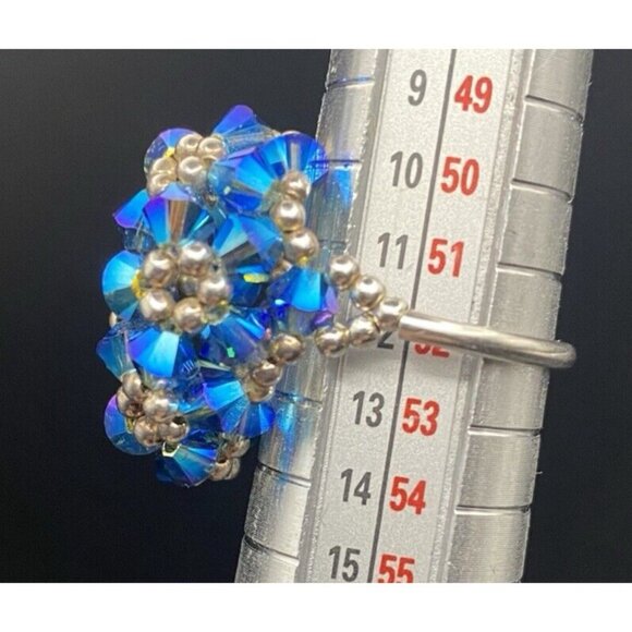 Tested Sterling Silver Ring Blue AB Bicone Crystal Dome Woven Bead Size 6 Floral - Picture 10 of 12
